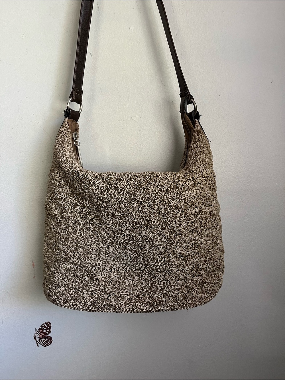 Vintage Crochet Woven Jute Shoulder Bag 90s Purse Bohemian Hippie Handbag
